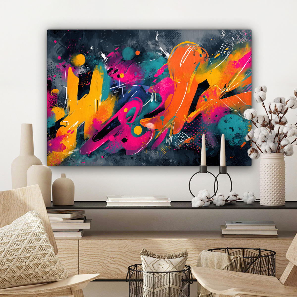 LEINWANDBILD Abstrakt - Graffiti - Farbenfroh - Farbspritzer Wanddeko 90x60 cm - Multicolor, Textil (90/60cm) - MuchoWow