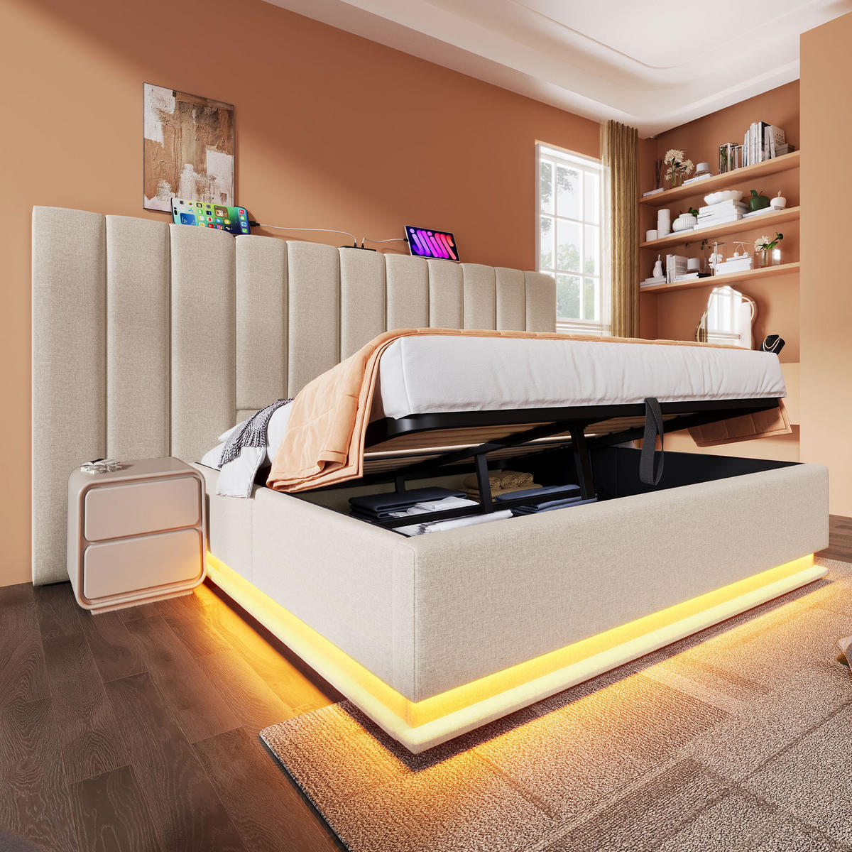POLSTERBETT 160/200 cm Beige Stauraumbett mit LED-Beleuchtung und USB-C-Ladefunktion - Beige, Textil (160/200cm) - OKWISH
