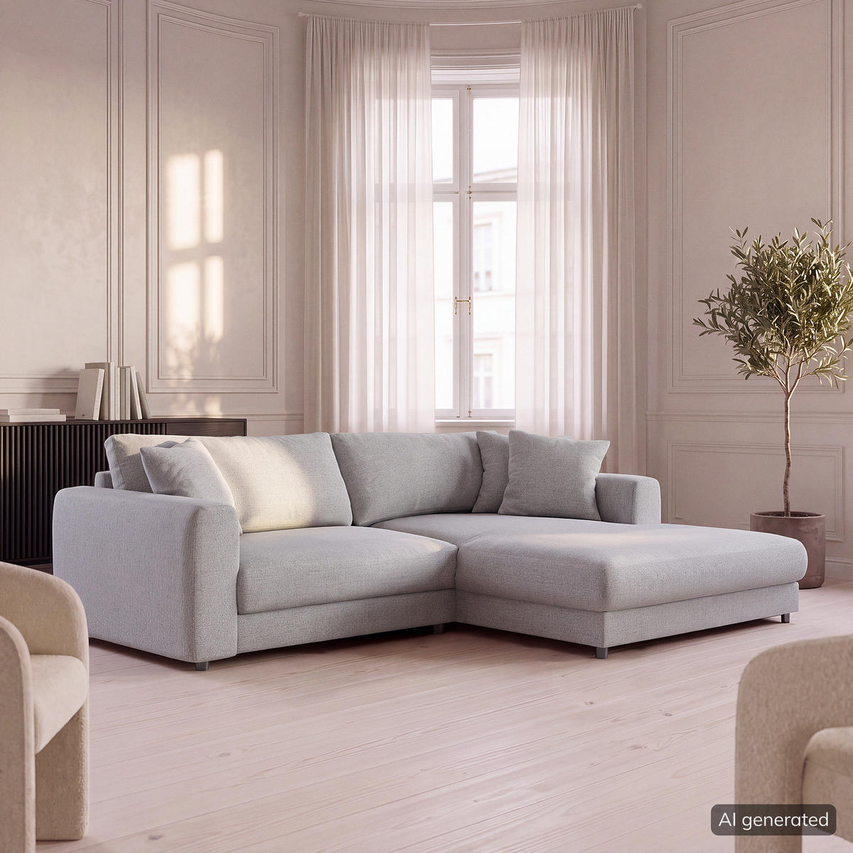 ECKSOFA mit Longchair - Hellgrau/Schwarz, Holz/Kunststoff (238/183cm) - home24