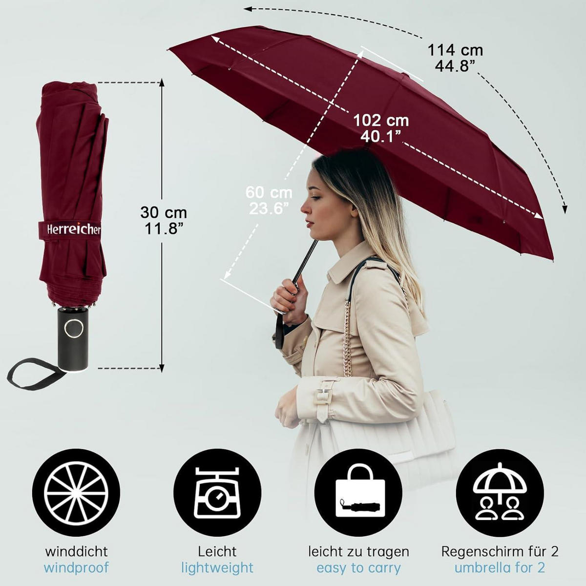 REGENSCHIRM Automatik Sturmfest 102 cm Spannweite Rot - Bordeaux, Textil (6/6cm)