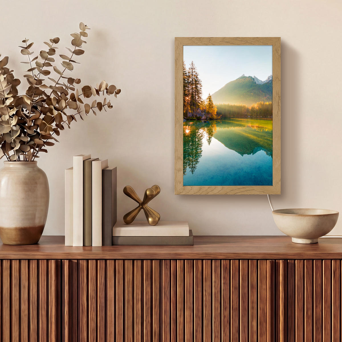 WANDLEUCHTE See - Wald - Berge - Natur - Sonne - Landschaft 20x30 cm - Grün, Holzwerkstoff (20/30/8cm) - OnlyWow
