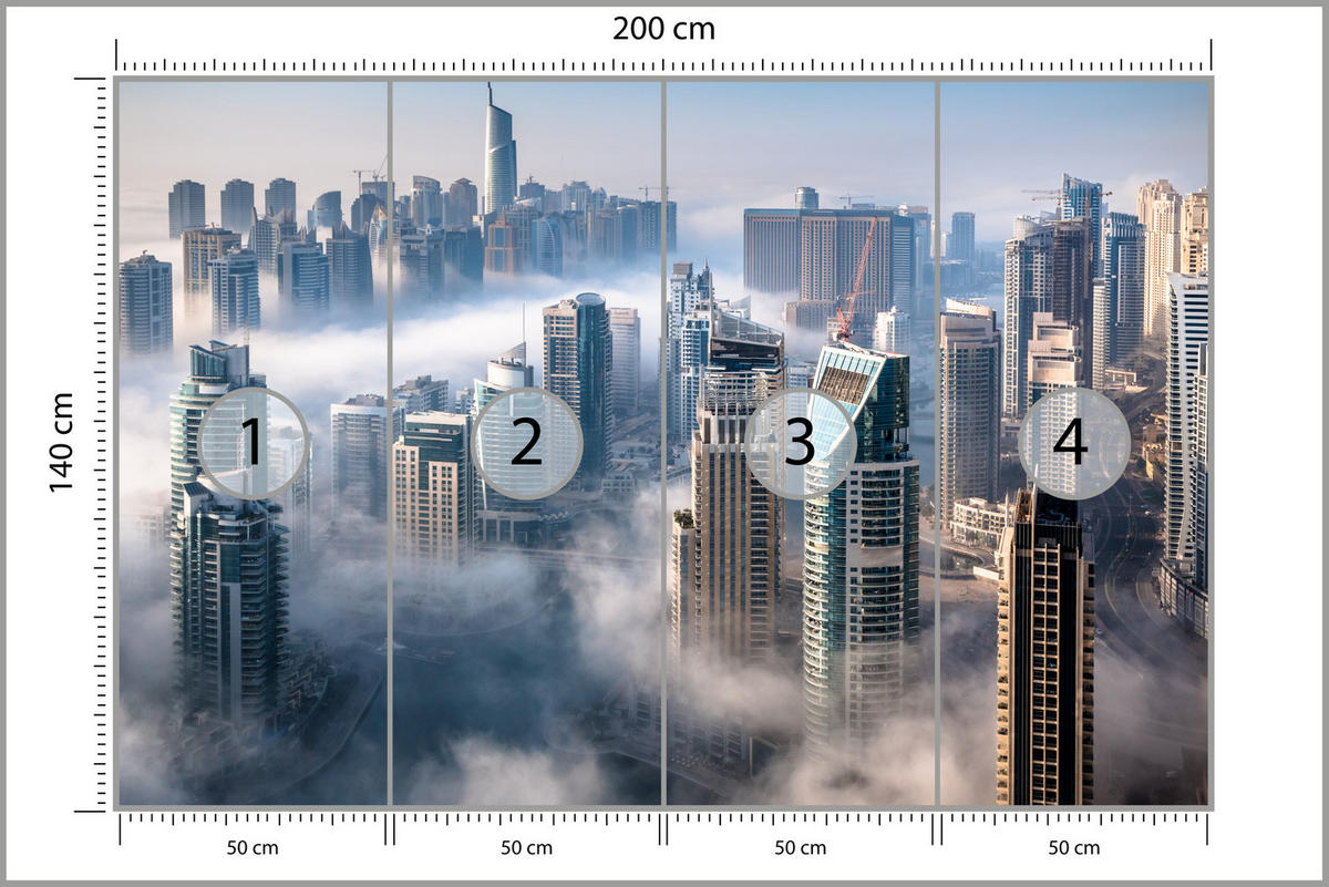 FOTOTAPETE für Büro Dubai Nebel Wolkenkratzer Skyline Panorama 200x140 - Blau/Beige, Papier (200/140cm) - Muralo