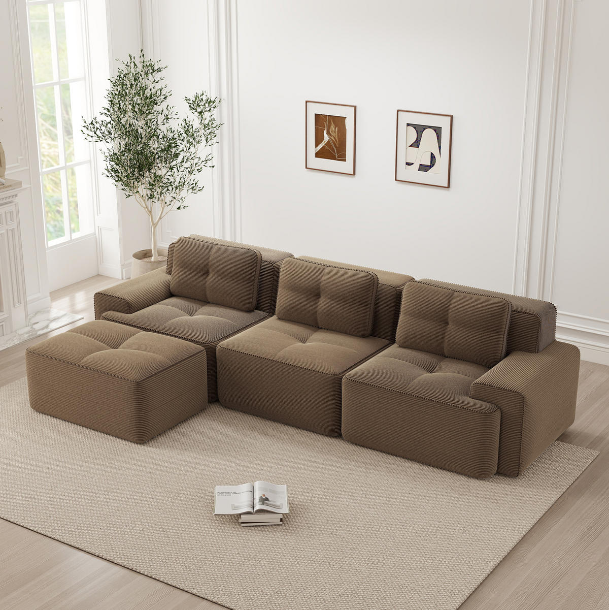 SOFA modular mit Ottoman Cord Brown 4-tlg. - Braun, Kunststoff (177/293cm) - Meubliv