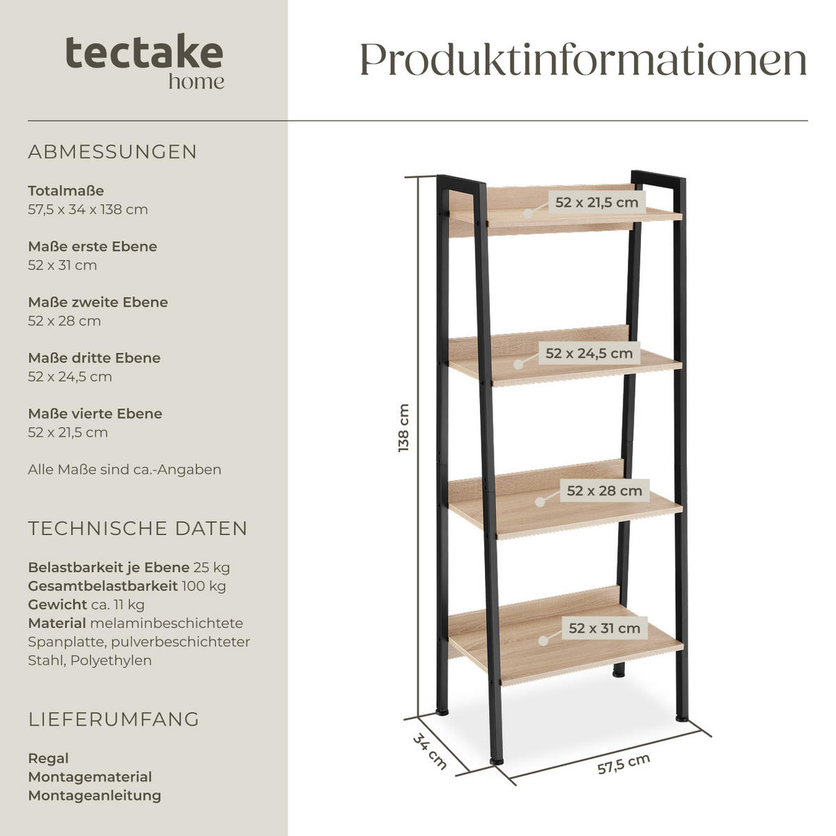 LEITERREGAL Chatham,inklusive Kippschutz, 57,5 x 34 x 138 cm,Industrial Holz hell, Eiche Sonoma - Naturfarben, Holzwerkstoff (34/138/57.5cm) - tectake