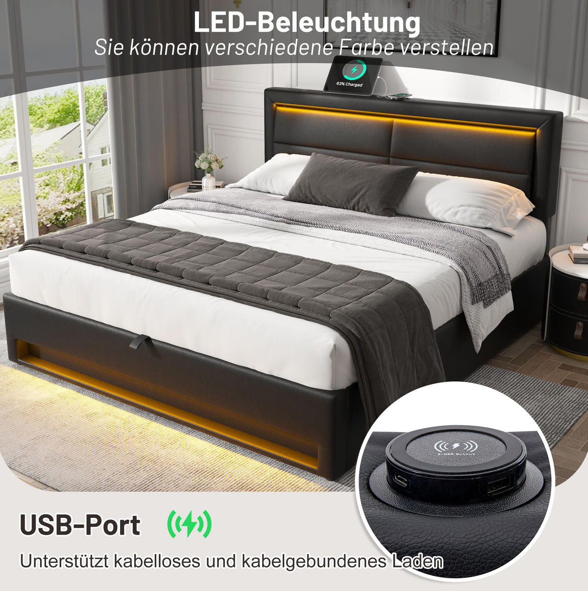 POLSTERBETT 140/200 cm aus PU mit Stauraum, LED-Beleuchtung und USB - Schwarz, Kunststoff (140/200cm) - Flora Grace
