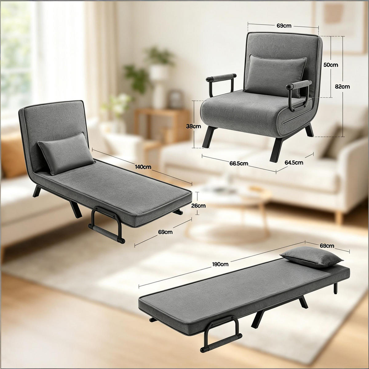 SCHLAFSESSEL 3-in-1 mit Bettfunktion, DE-42147, Dunkelgrau - Dunkelgrau, Metall (66.5/82/65cm) - ComfortXL
