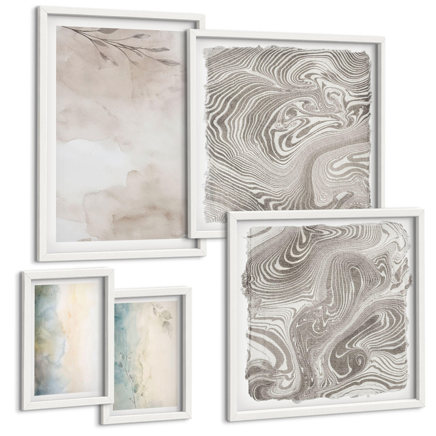 BILDER SET 5er Set - 50x50 cm & 20x30 cm & 40x60 cm Weißer Rahmen - Zarte Aquarellkartons - Weiß, Kunststoff (40/60cm) - TULUP