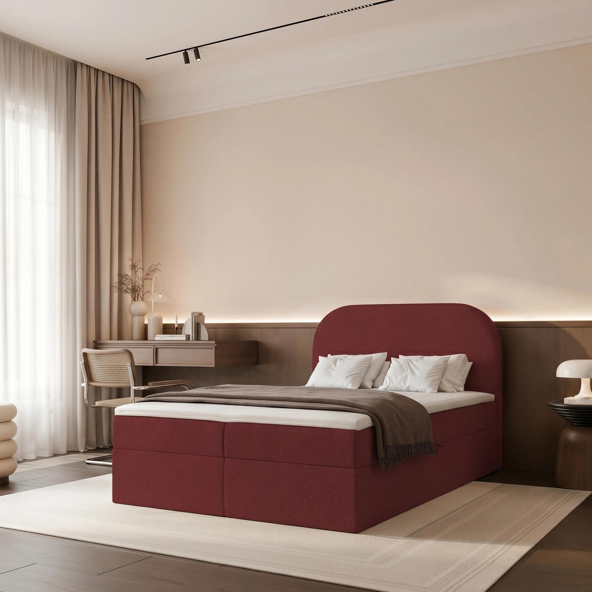 BOXBETT FUZZI 120x200 cm Bordeaux (Stoff Monte) - mit 2 Bettkästen, Bonellmatratze und weichem Kopfteil - Bordeaux, Holzwerkstoff/Textil (120/200cm) - Ravio