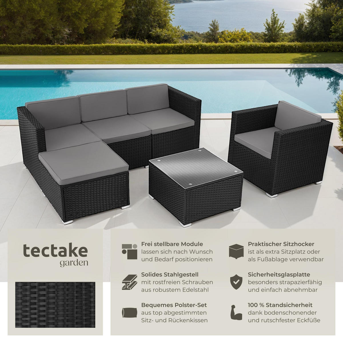 RATTANLOUNGE Lignano,variabel aufstellbar,schwarz - Schwarz, Kunststoff - tectake