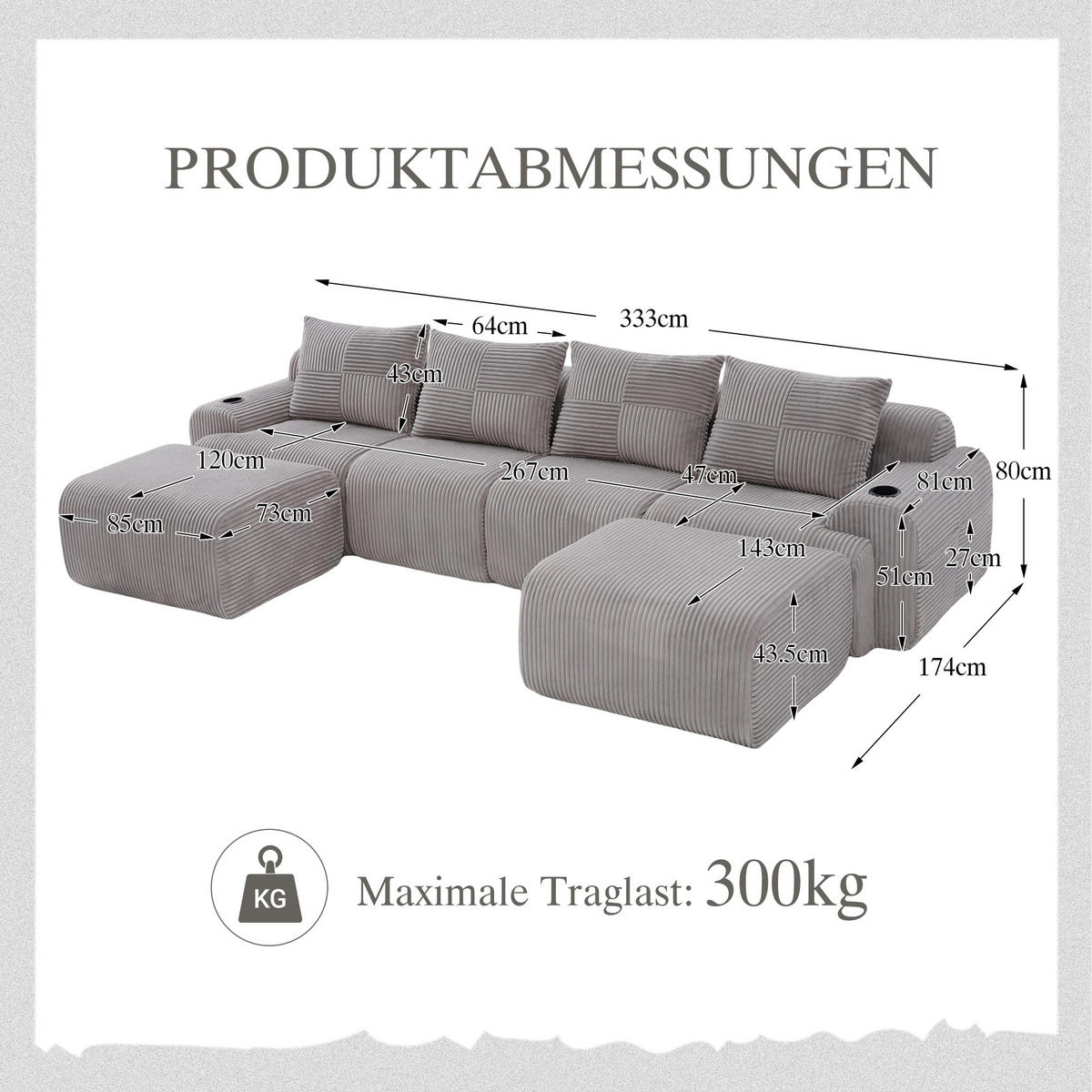 4-SITZER Wohnlandschaft Cord mit 2 Hockern und Getränkehalter 333/174/80 cm Hellgrau - Hellgrau, Textil (174/80/333cm) - Redom