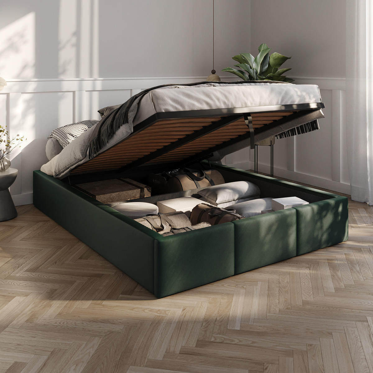 POLSTERBETT für Schlafzimmer Bett mit Stauraum Flaschengrün 140x200cm - Dunkelgrün, Holzwerkstoff/Textil (160/200cm) - Muralo