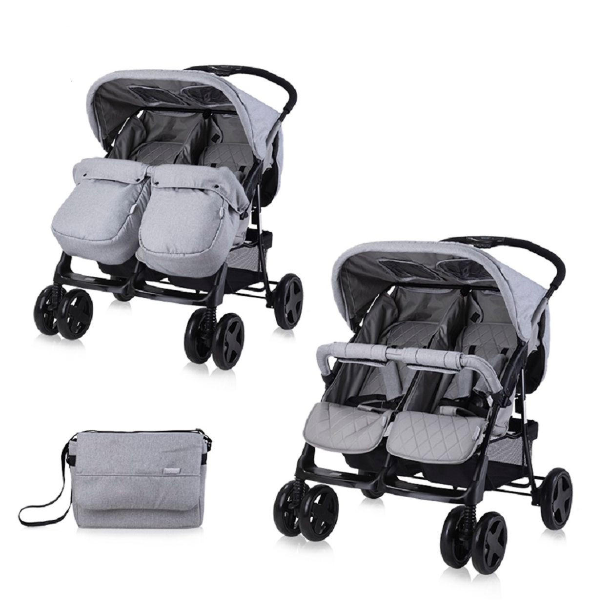 GESCHWISTERKINDERWAGEN TWIN Wickeltasche Einhand-Klappsystem Fußabdeckung - Schwarz, Metall (86/84/110cm) - Lorelli