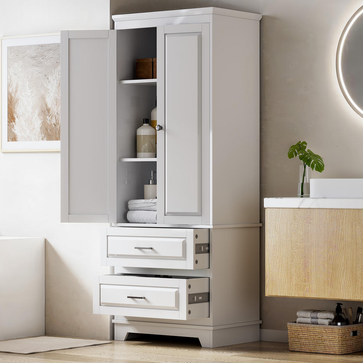 HOCHSCHRANK in Weiß 70/47/185 cm mit 2 Türen und 2 Schubladen Badezimmerschrank - Silberfarben/Weiß, Holz/Metall (47/185/70cm) - BPKADHY