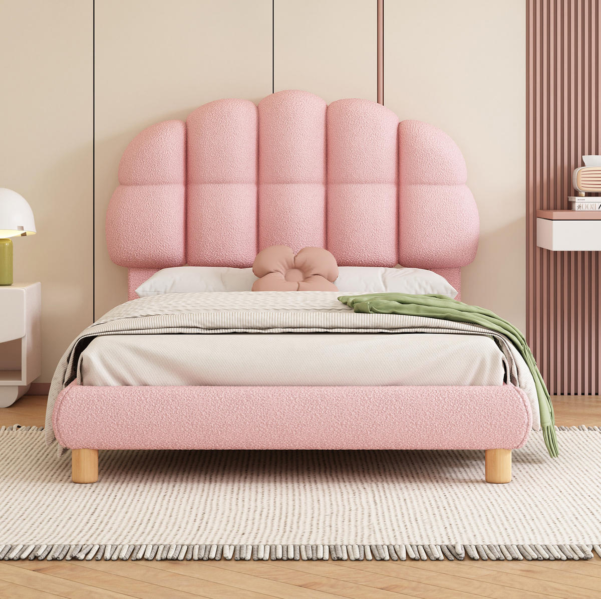 POLSTERBETT 90/200 cm aus Bouclé und MDF mit verstellbarem Kopfteil Rosa - Rosa, Textil (90/200cm) - Modenvie