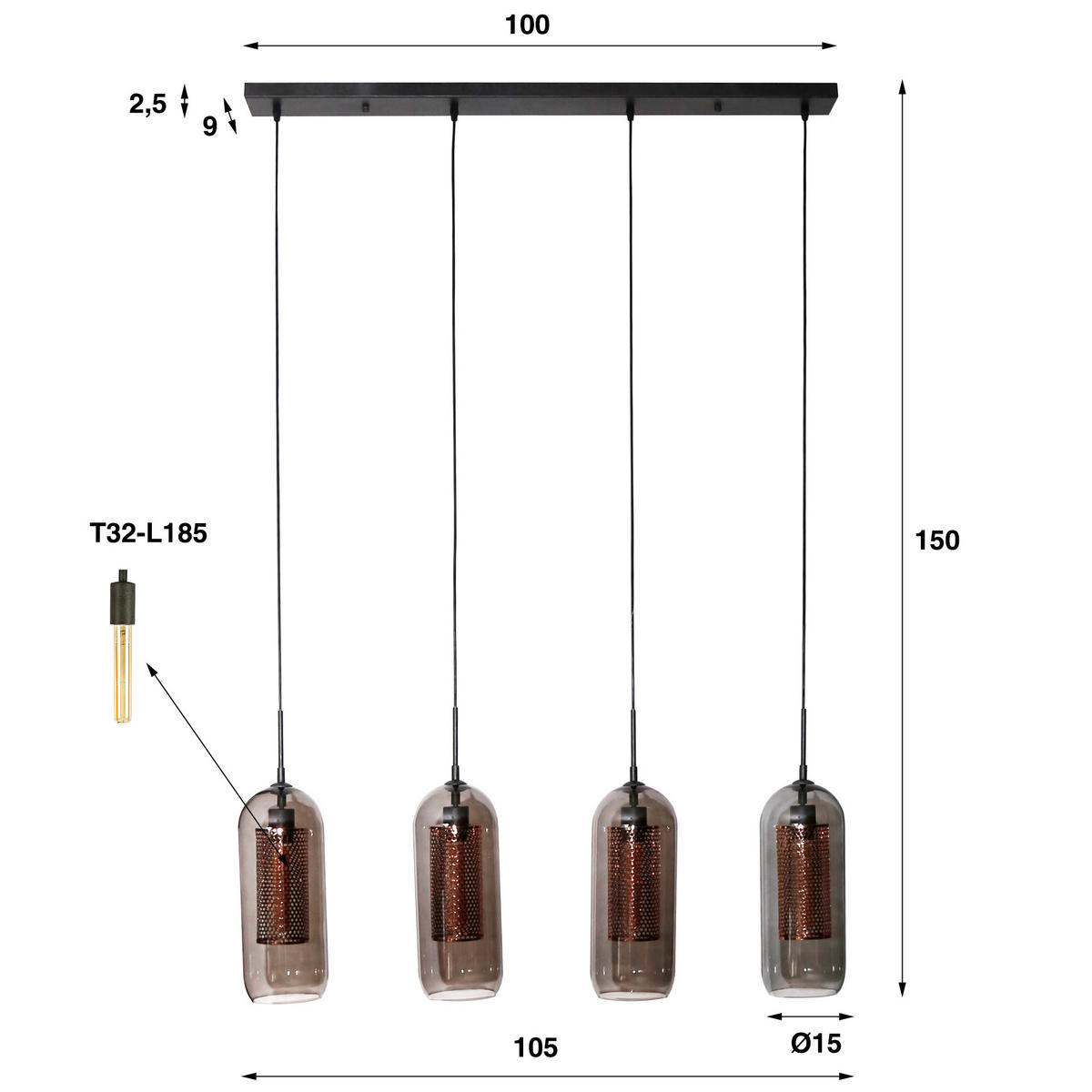 HÄNGELEUCHTE Rauchschwarz 15/105/150 cm - Schwarz, Glas (15/105/150cm) - Hoyz Collection