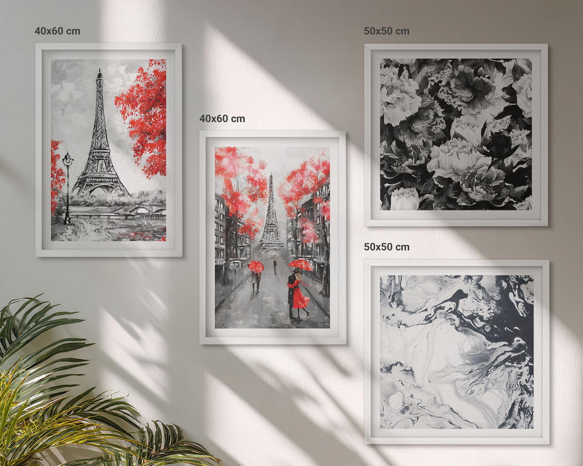 BILDER SET 4er Set - 50x50 cm & 40x60 cm Weißer Rahmen - graue Gemälde des Eiffelturms - Weiß, Kunststoff (50/50cm) - TULUP