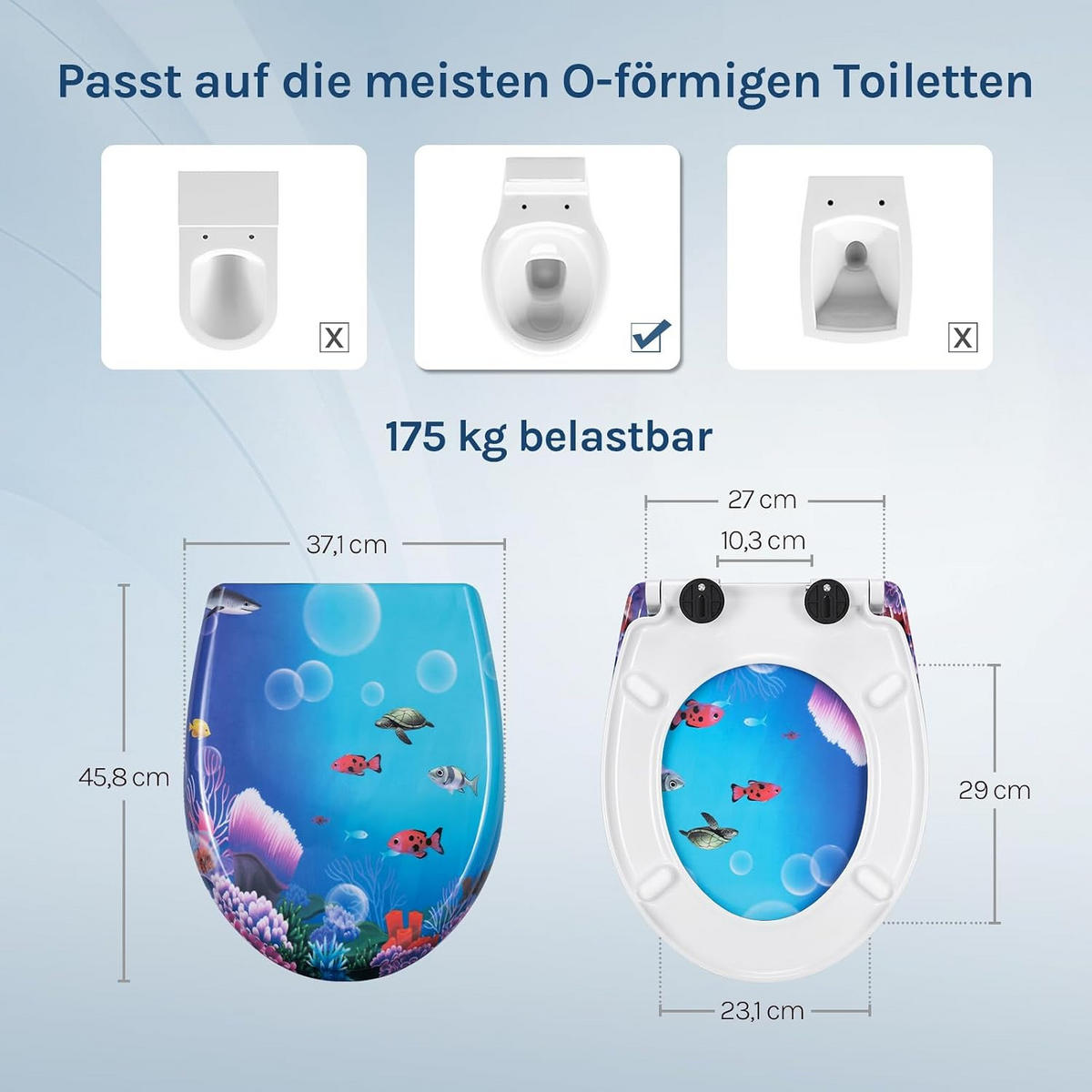 WC SITZ mit Absenkautomatik, Duroplast, Fische Oval - Blau/Weiß, Kunststoff (37/2.51/45cm) - Woltu