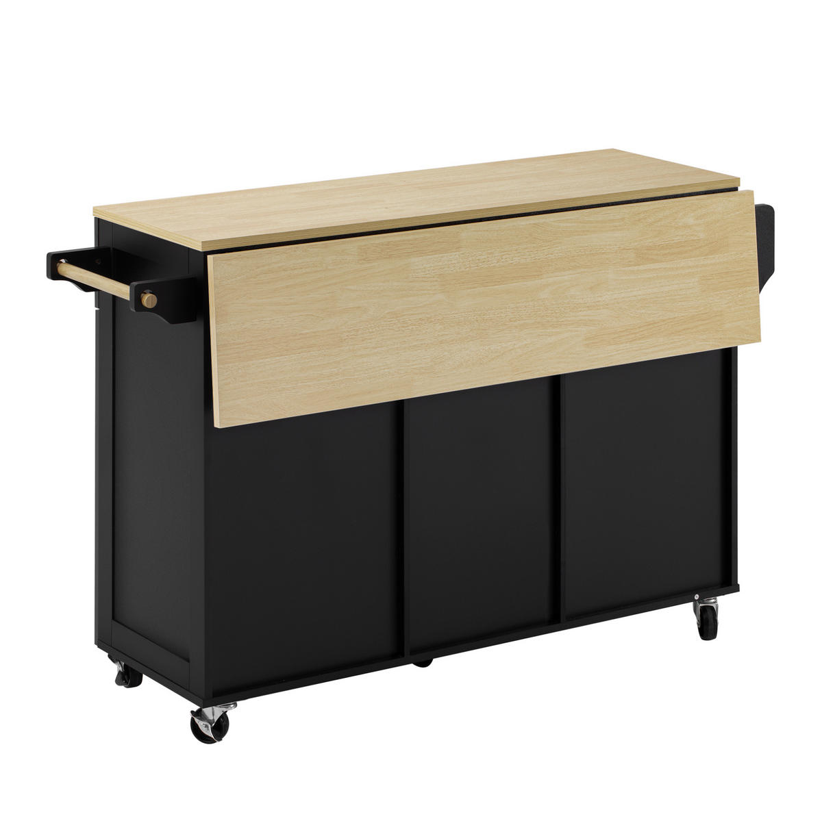 KÜCHENINSEL 140/40-70/92 cm aus MDF mit ausziehbarer Klappplatte, Schubladen und Rollen, Schwarz/Natur - Schwarz, Holzwerkstoff (140/92/70cm) - Redom