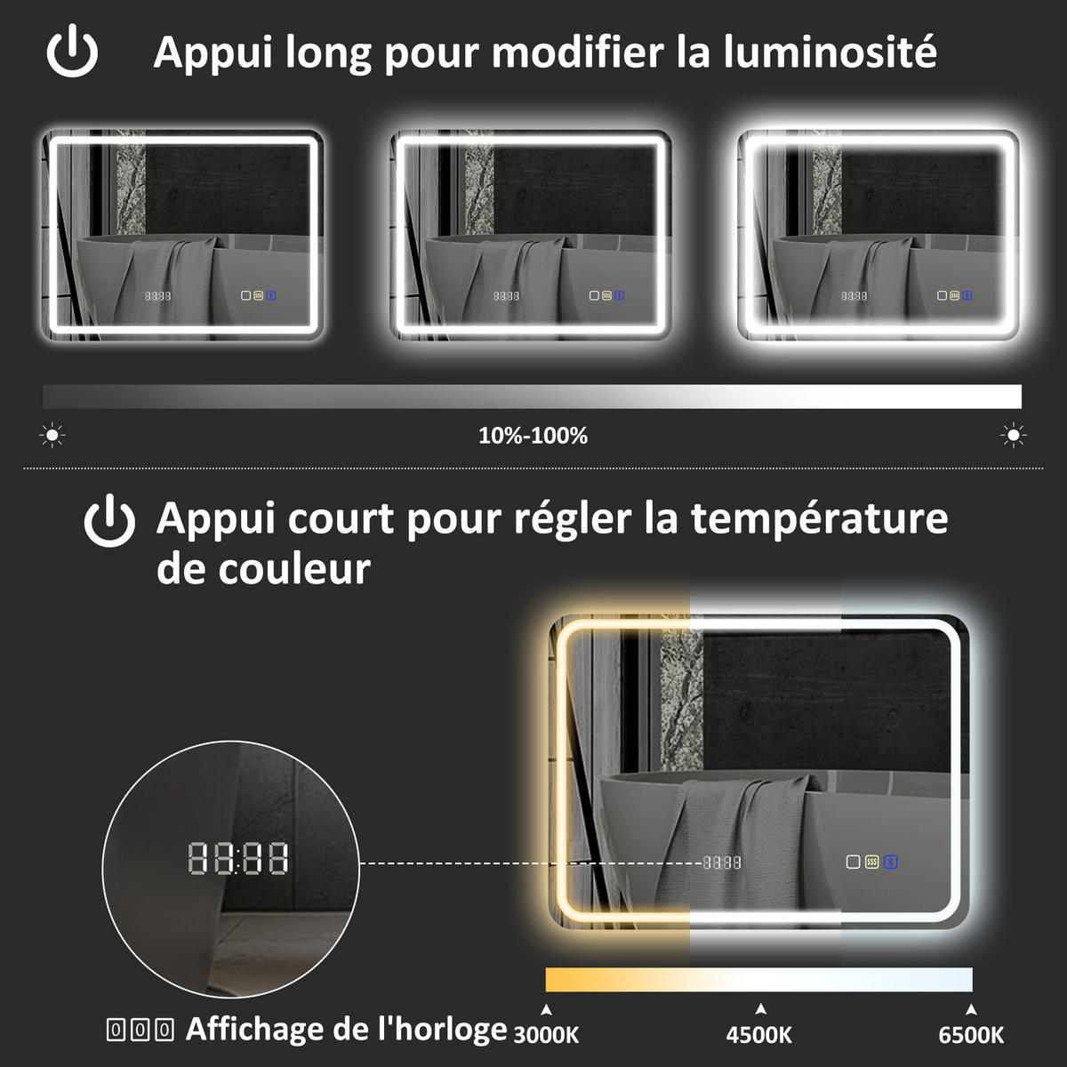 BADEZIMMERSPIEGEL DE-15201 mit Bluetooth, Uhrzeit und Antibeschlag Silber - Silberfarben, Glas (3.5/70/50cm) - ComfortXL