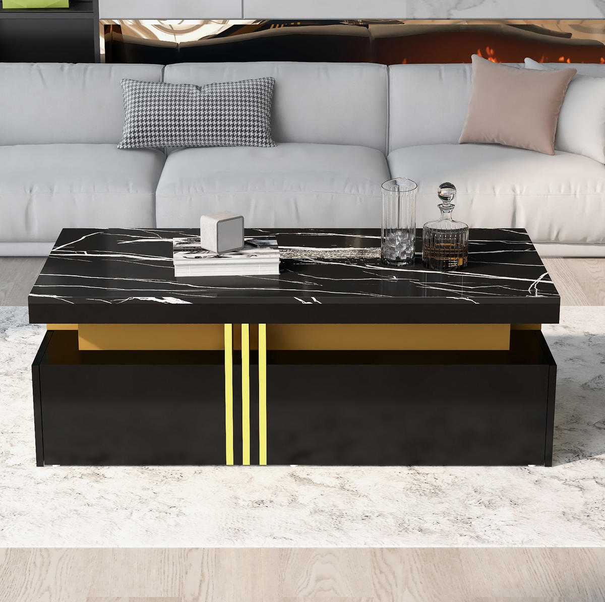 COUCHTISCH, schwarze marmorierte Hochglanzplatte, 2 Schubladen, Metallrand, 100/50/40 cm,schwarze - Schwarz, Holzwerkstoff (100/50/40cm) - Redom