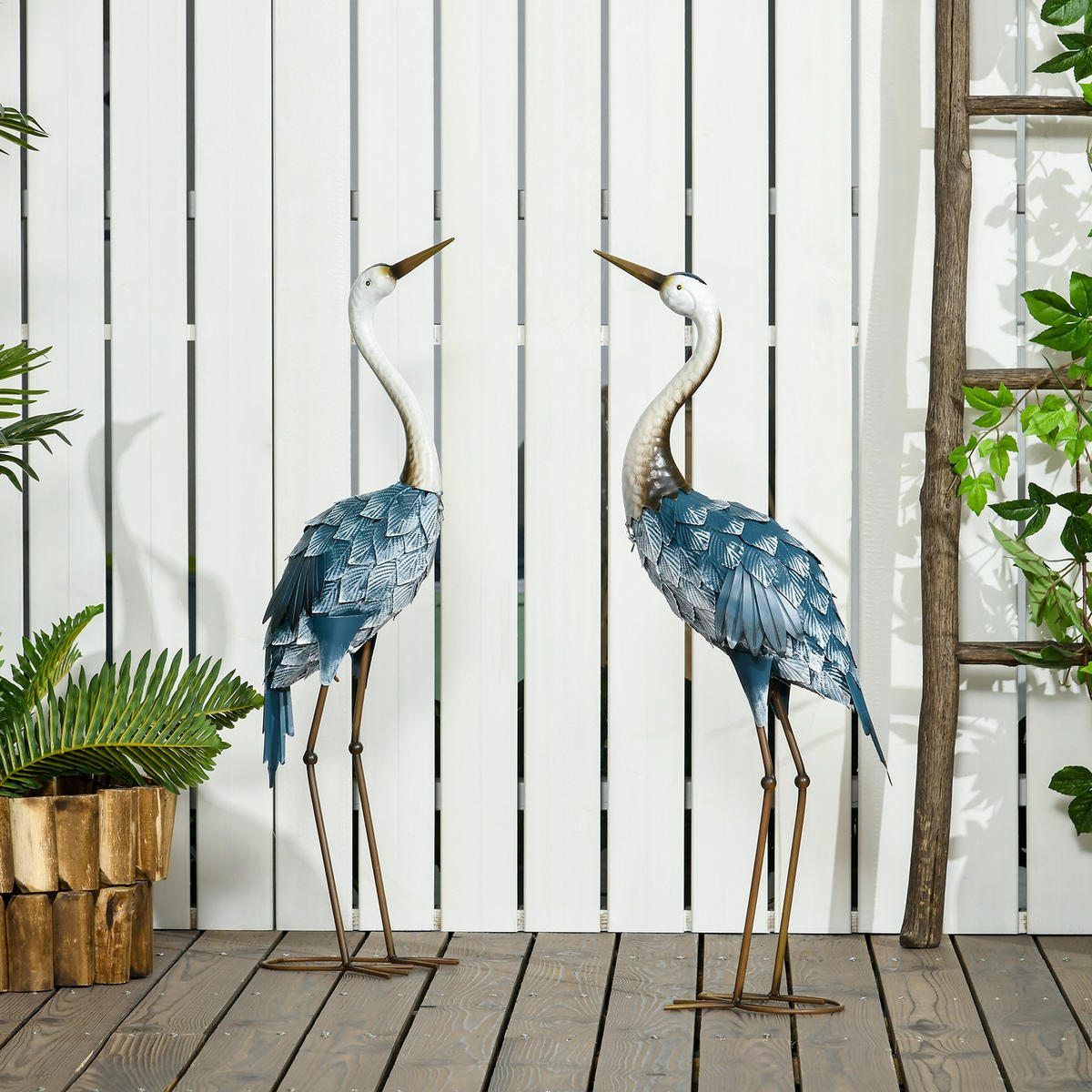 GARTENSTATUE 2er-Set Kraniche, 72,5/74 cm Gartenfigur, Gartendeko für Balkon, Terrasse - Blau, Metall (15/74/26cm) - Outsunny