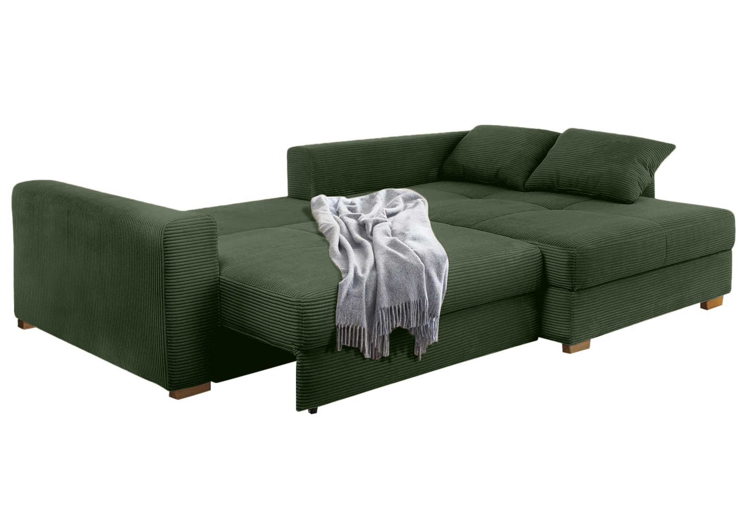 ECKSOFA-DAUERSCHLÄFER Federkern Bettkasten, seitenverkehrt montierbar B288/T186/H86 cm, Liegefl. 153x245 cm, Cord Grün / 15156 - Eichefarben/Grün, Holz/Textil (288/186cm) - luma-home