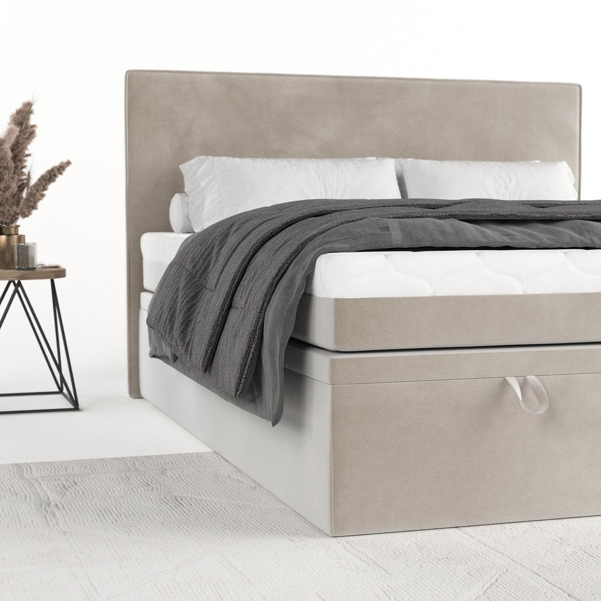 BOXBETT Zalla 180/200 cm Hellbeige im Paros Stoff - Beige/Schwarz, Holz/Holzwerkstoff (180/200cm) - AltaBeds