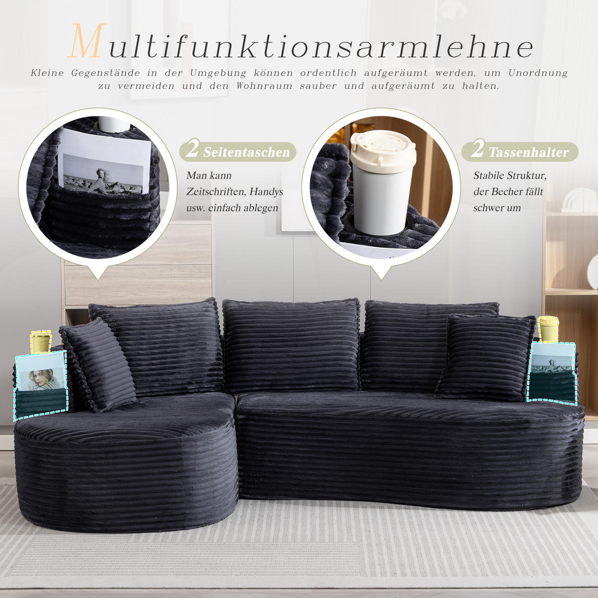 ECKSOFA Cord Dunkelgrau mit Getränkehaltern, Seitentaschen und Kissen - Dunkelgrau, Textil (250/152cm) - WISHDOR