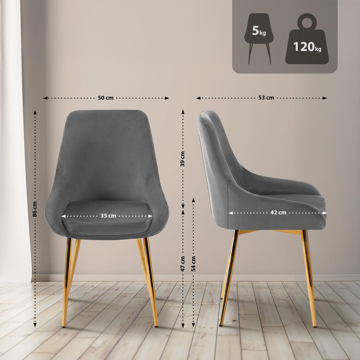 STUHL Samt Dunkelgrau - Dunkelgrau/Goldfarben, Textil (50/86/53cm) - CLP