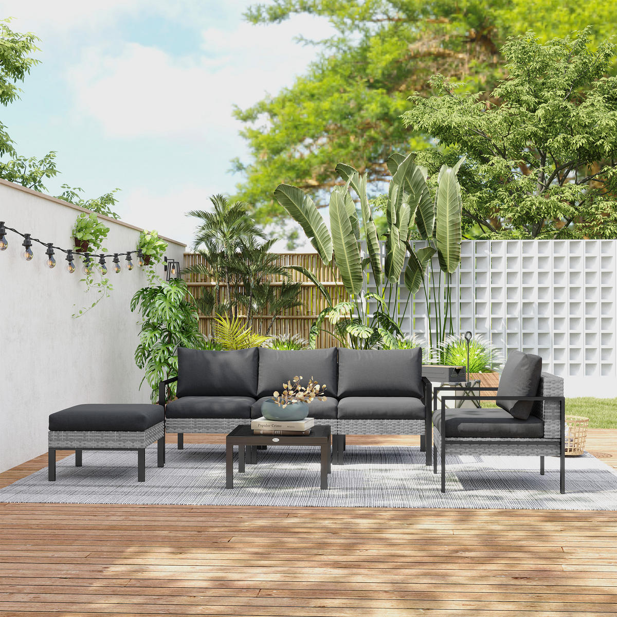 GARTENLOUNGE-SET DE-13619 6-teilig mit Tisch & Hocker Hellgrau - Hellgrau, Kunststoff/Metall - ComfortXL