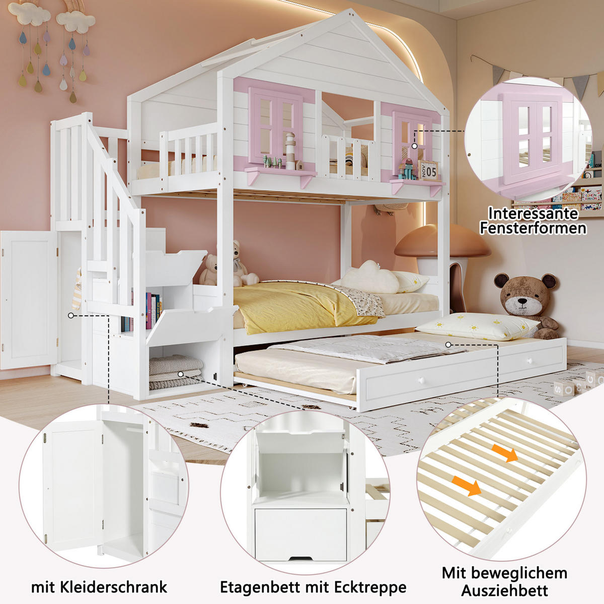 ETAGENBETT 90/200 cm weiß/rosa aus Kiefer und MDF mit Rollbett - Weiß, Holz (90/200cm) - OKWISH