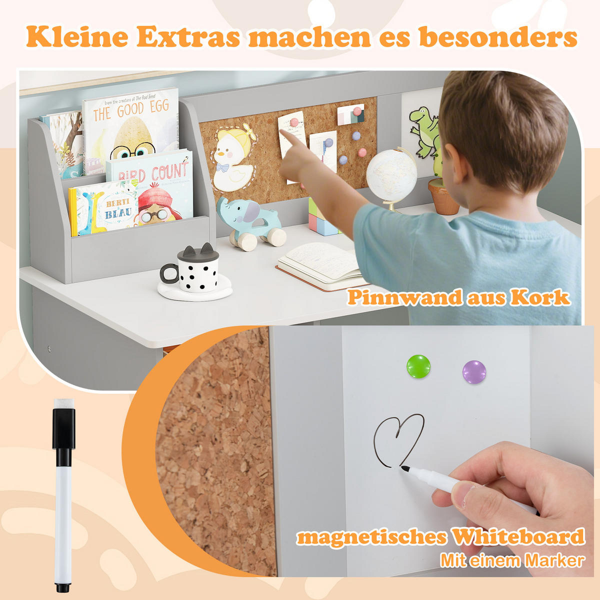 KINDERSCHREIBTISCH mit Stuhl grau(2-tlg) - Grau, Holzwerkstoff (90/85.5/45cm) - COSTWAY