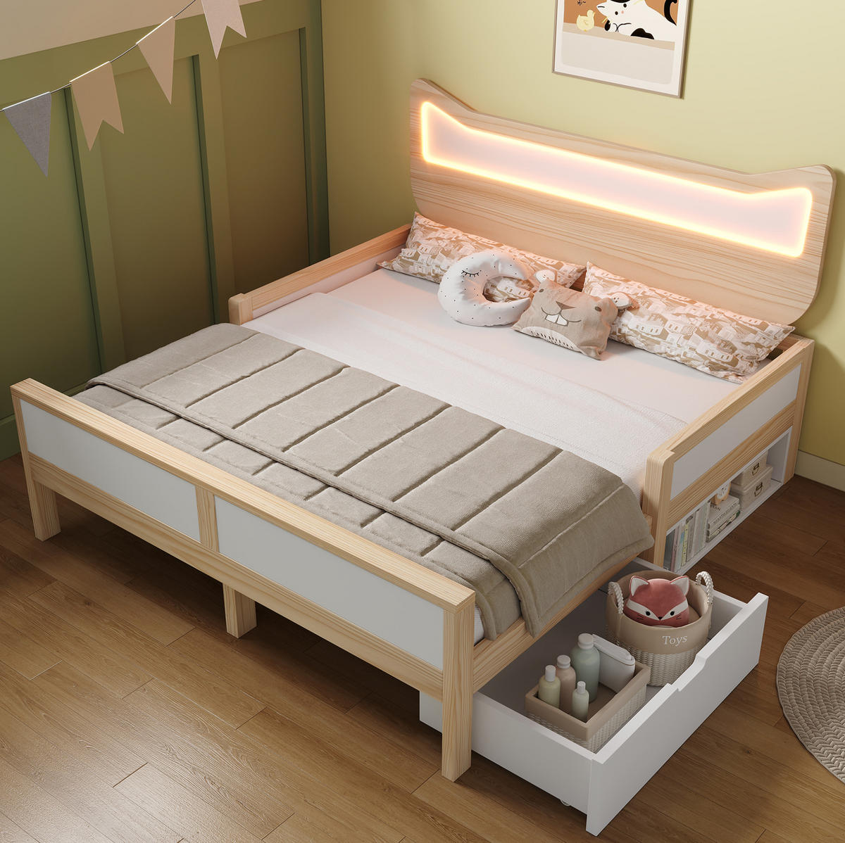 KINDERBETT 140/200 cm aus Holz mit LED-Katzenkopfteil und Stauraum Weiß/Eiche - Eichefarben, Holz (140/200cm) - Modenvie