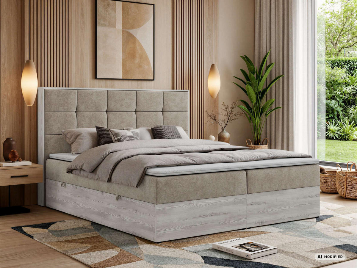 BOXSPRINGOVÁ POSTEĽ ALNOR 200/200 Sivobéžová Štruktúrovaná látka - Topper T25 - H3 (stredne tvrdý) - čierna/sivobéžová, textil/plast (200/200cm) - MKS
