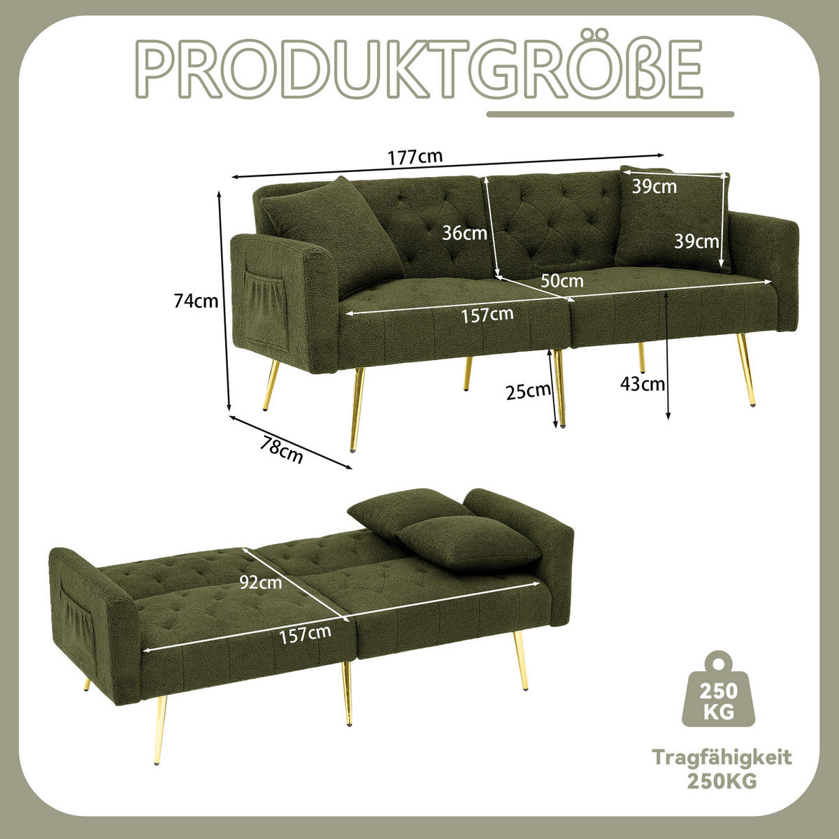 SCHLAFSOFA 177/78/74 cm in Green Teddyfell mit Aufbewahrungstasche - Grün, Textil (177/74/78cm) - Oxeza