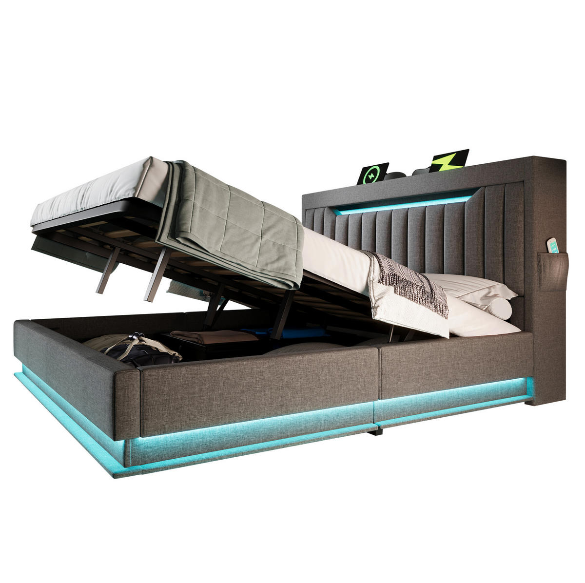 POLSTERBETT 160/200 cm Grau aus Leinen mit LED und USB-Ladeanschlüssen mit Matratze - Grau, Textil (160/200cm) - OKWISH