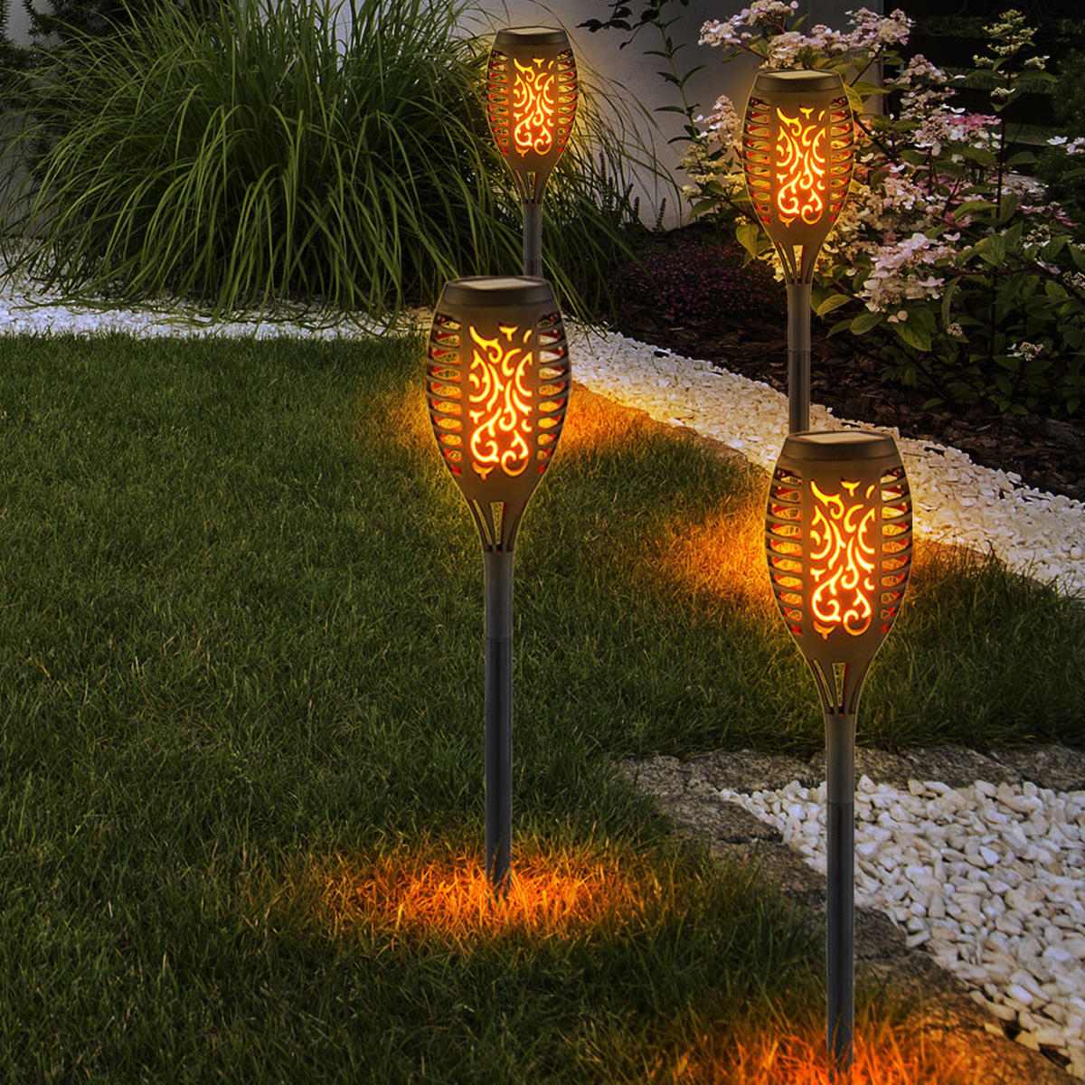 LED AUSSENLEUCHTE Solarleuchte Schwarz Feuereffekt 6er Set - Schwarz, Kunststoff (7.5/7.5/51cm) - Globo Lighting
