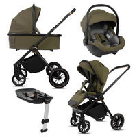 KINDERWAGEN Castor 4in1 Olive Babywanne, Reisebuggy, Autositz, Isofix Basis - Schwarz/Olivgrün, Textil/Metall (58/98cm) - BabyLux