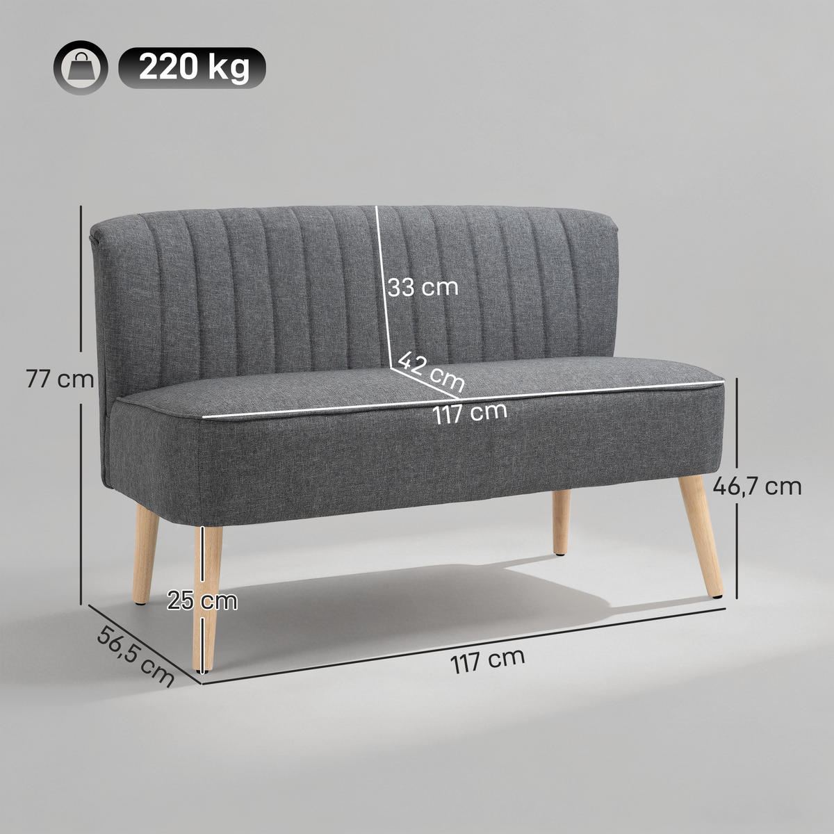2-SITZER-SOFA DE-06551 Polstersofa Leinenoptik, Holzrahmen Grau - Grau, Holz/Textil (117/77/56.5cm) - ComfortXL