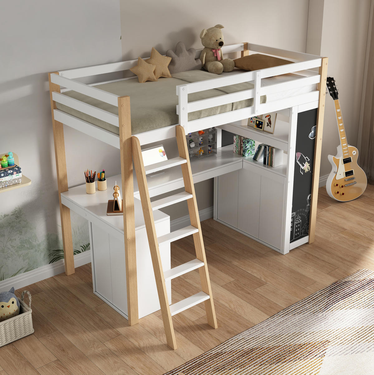 HOCHBETT mit Schreibtisch 90/200 cm in Weiß/Natur – mit Stauraum und Leiter - Weiß, Holzwerkstoff (90/200cm) - BEAOK