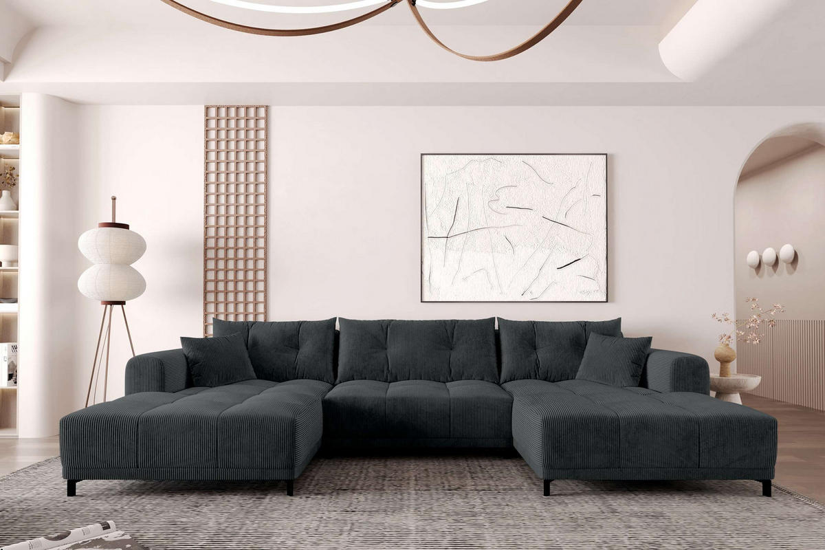 WOHNLANDSCHAFT Massimo Cordstoff Graphitfarben inkl. Schlaffunktion - Graphitfarben/Schwarz, Textil/Metall (356/94/181cm) - 99rooms