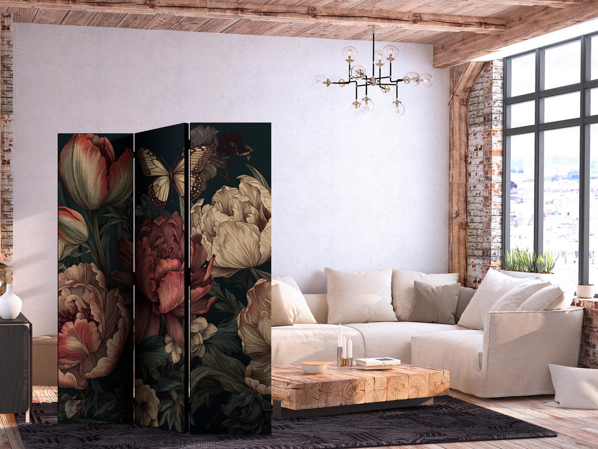 PARAVENT Einseitig Bedruckter 3-tlg 135x172 cm Pfingstrosen im Boho - Multicolor, Holz/Textil (135/172/3cm) - Muralo