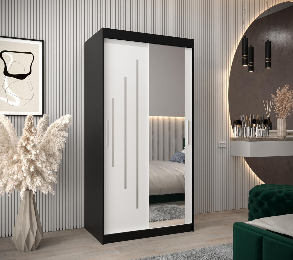 SCHWEBETÜRENSCHRANK 200/100/62 2-türig - Silberfarben/Schwarz, Holz/Kunststoff (100/200/62cm) - Abiks Möbel