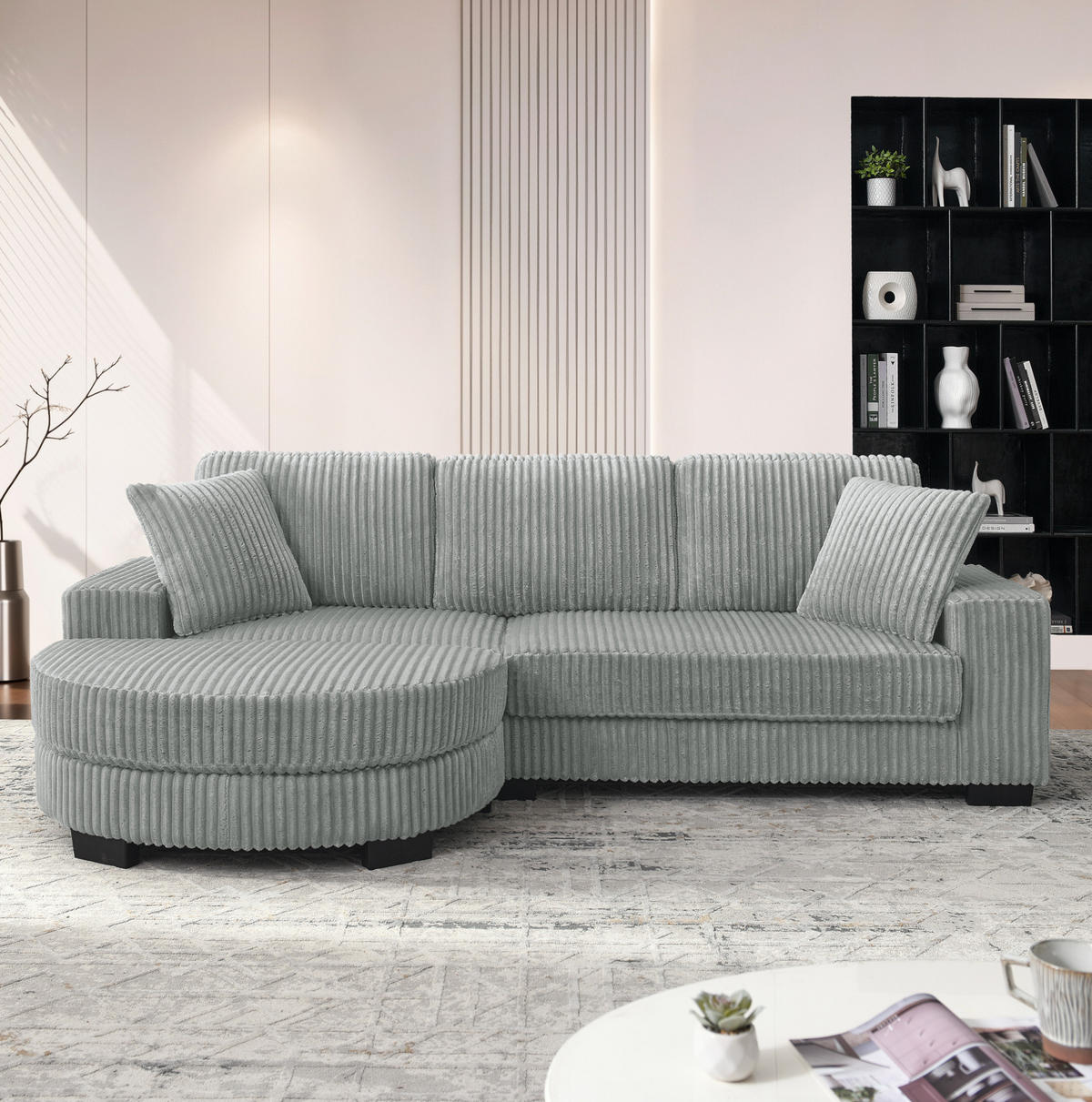 ECKSOFA 256,5/133,5/89 cm grau aus Corduroy mit wechselbarem Hocker - Grau, Kunststoff (133.5/256.5cm) - OKWISH
