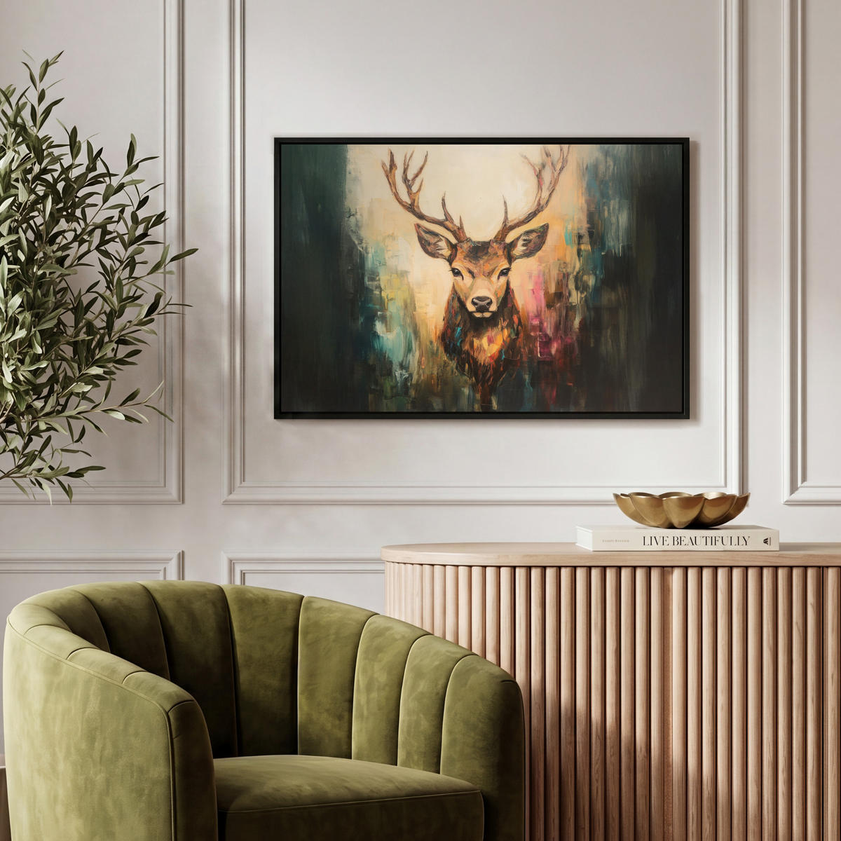 LEINWAND Bilder mit Rahmen - Hirsch - Gemalt - Geweih - Braun - 60x40 - Haselnussfarben, Textil (60/40cm) - MuchoWow