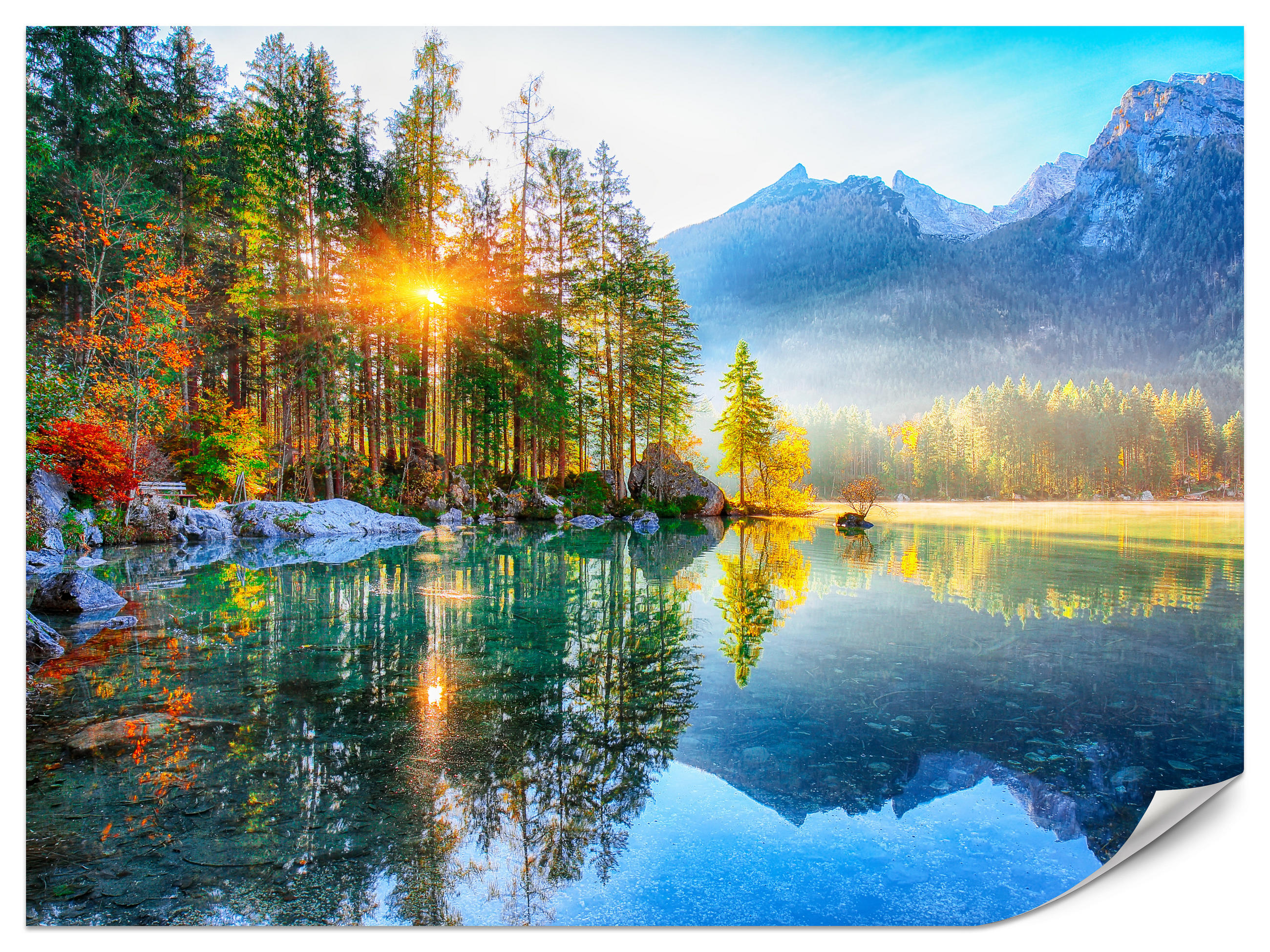 FOTOTAPETE für Schlafzimmer See Berge Bäume Sonnenuntergang Natur 350x256 - Gelb/Rot, Papier (350/256cm) - Muralo