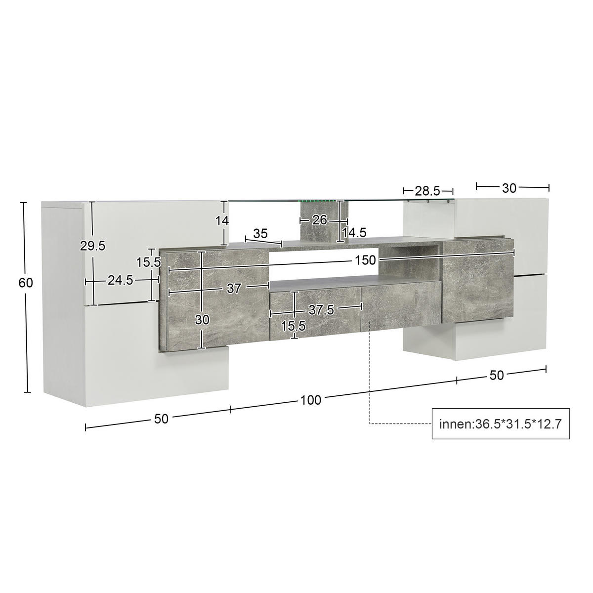 TV-LOWBOARD aus MDF und Spanplatte 200x35x60 cm Weiß-Betonoptik mit LED-Beleuchtung und Stauraum - Weiß, Holzwerkstoff (200/60/35cm) - IVMEU