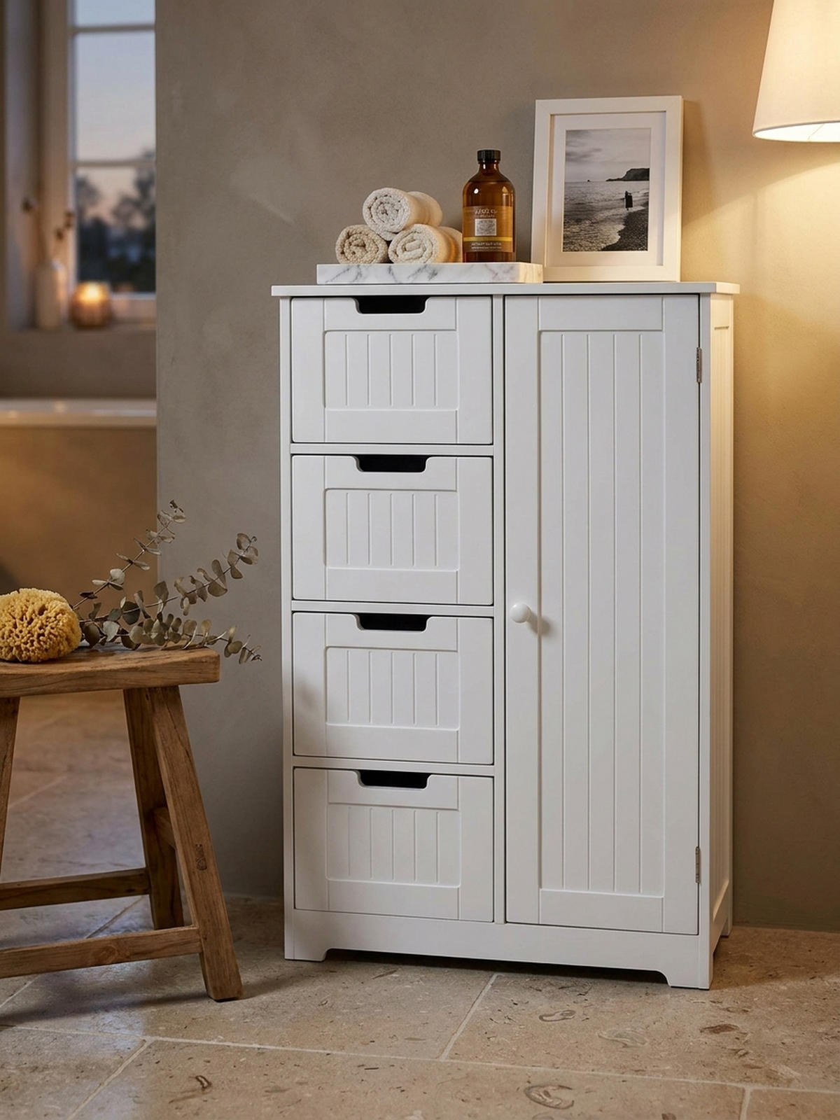 BADSCHRANK Weiß 30x83x30 cm im Landhausstil aus MDF mit 4 Schubladen - Weiß, Holz (56/83/30cm) - KADIMA DESIGN