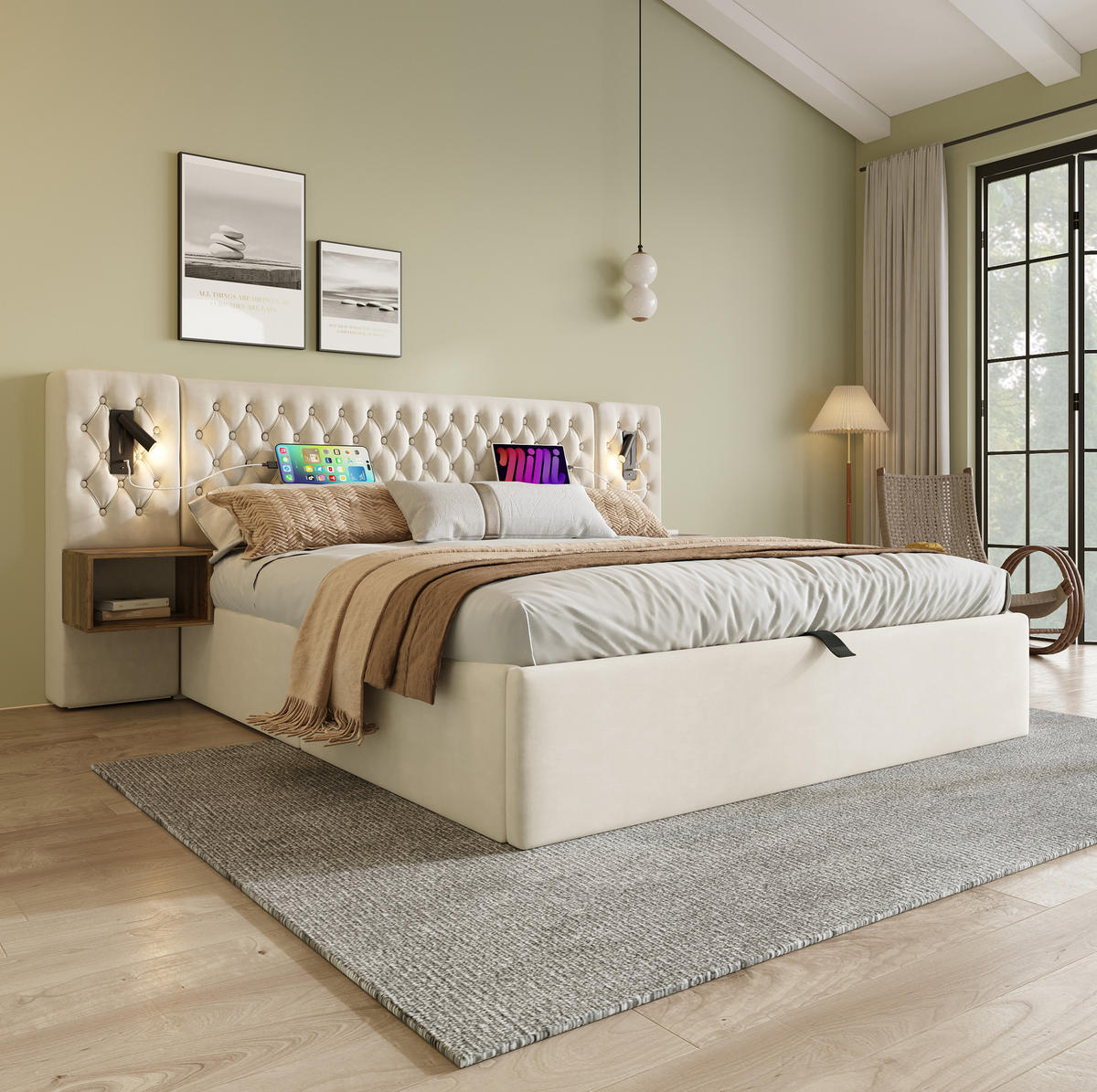 POLSTERBETT 160/200 cm Beige aus Samt mit Stauraum - Beige, Textil (160/200cm) - OKMYHOME