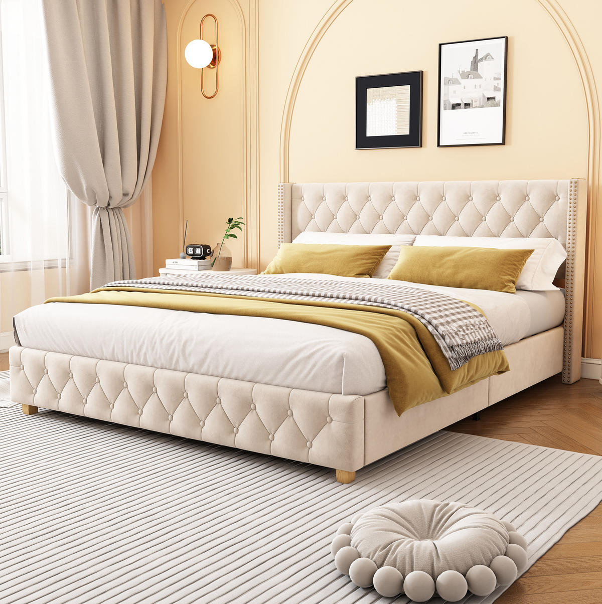 POLSTERBETT 180/200 cm hellbeige aus Samt mit Lattenrost - Beige, Textil (180/200cm) - OKMYHOME
